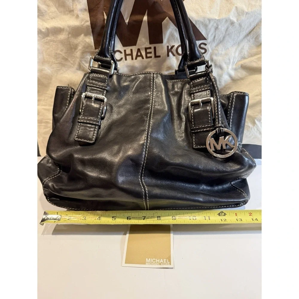 Michael Kors Black Leather Satchel Top Handle Bag Silver Hardware A-0807